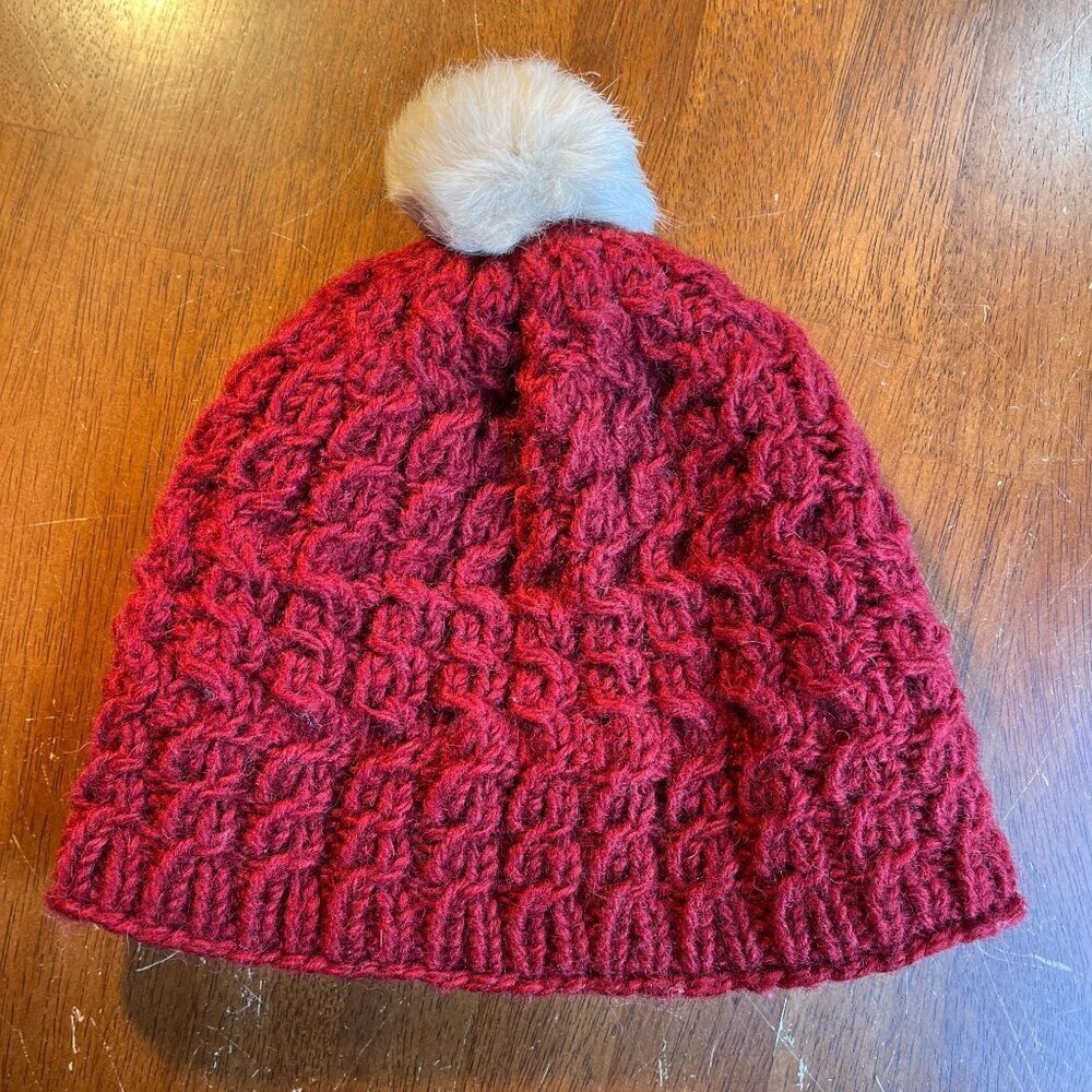 Wool Knit Beanie Angora Rabbit Pom Fleece‎ Lined Winter Cottage Cozy Handmade